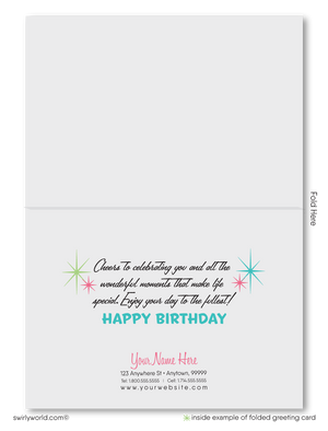 Celebrate your clients' special day with our 1950s retro mid-century modern Happy Birthday card. Featuring an aqua blue, pink, and green color palette, retro-style lettering, and atomic starbursts on a boomerang amoeba-shaped background. Available as folded or flat cards, printed on thick card stock with matching envelopes. Upgrade to customized envelopes with your logo for a professional touch.