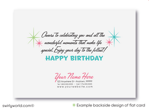 Celebrate your clients' special day with our 1950s retro mid-century modern Happy Birthday card. Featuring an aqua blue, pink, and green color palette, retro-style lettering, and atomic starbursts on a boomerang amoeba-shaped background. Available as folded or flat cards, printed on thick card stock with matching envelopes. Upgrade to customized envelopes with your logo for a professional touch.