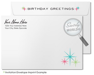 Celebrate your clients' special day with our 1950s retro mid-century modern Happy Birthday card. Featuring an aqua blue, pink, and green color palette, retro-style lettering, and atomic starbursts on a boomerang amoeba-shaped background. Available as folded or flat cards, printed on thick card stock with matching envelopes. Upgrade to customized envelopes with your logo for a professional touch.