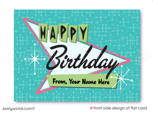 Celebrate your clients' special day with our 1950s retro mid-century modern Happy Birthday card. Featuring an aqua blue, pink, and green color palette, retro-style lettering, and atomic starbursts on a boomerang amoeba-shaped background. Available as folded or flat cards, printed on thick card stock with matching envelopes. Upgrade to customized envelopes with your logo for a professional touch.