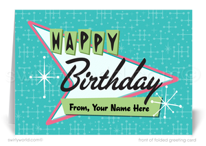 Celebrate your clients' special day with our 1950s retro mid-century modern Happy Birthday card. Featuring an aqua blue, pink, and green color palette, retro-style lettering, and atomic starbursts on a boomerang amoeba-shaped background. Available as folded or flat cards, printed on thick card stock with matching envelopes. Upgrade to customized envelopes with your logo for a professional touch.