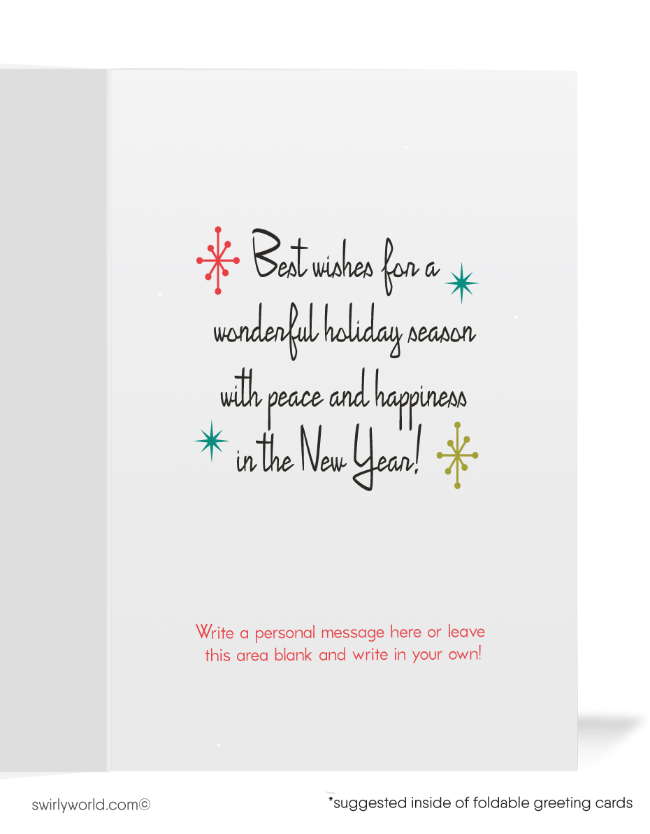 Share vintage holiday cheer with our retro Christmas card, featuring kitschy 1950s dog and cat characters. Customizable, with mid-century charm and premium matte finish.