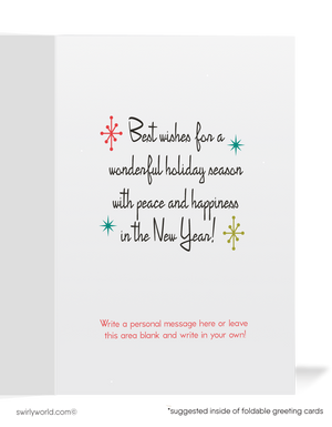 Vintage Mid-Century Christmas Card – Kitschy Dog & Cat with Atomic Starbursts, Customizable Greeting