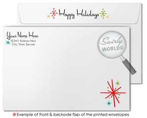 Vintage Mid-Century Christmas Card – Kitschy Dog & Cat with Atomic Starbursts, Customizable Greeting