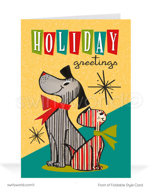 Share vintage holiday cheer with our retro Christmas card, featuring kitschy 1950s dog and cat characters. Customizable, with mid-century charm and premium matte finish.