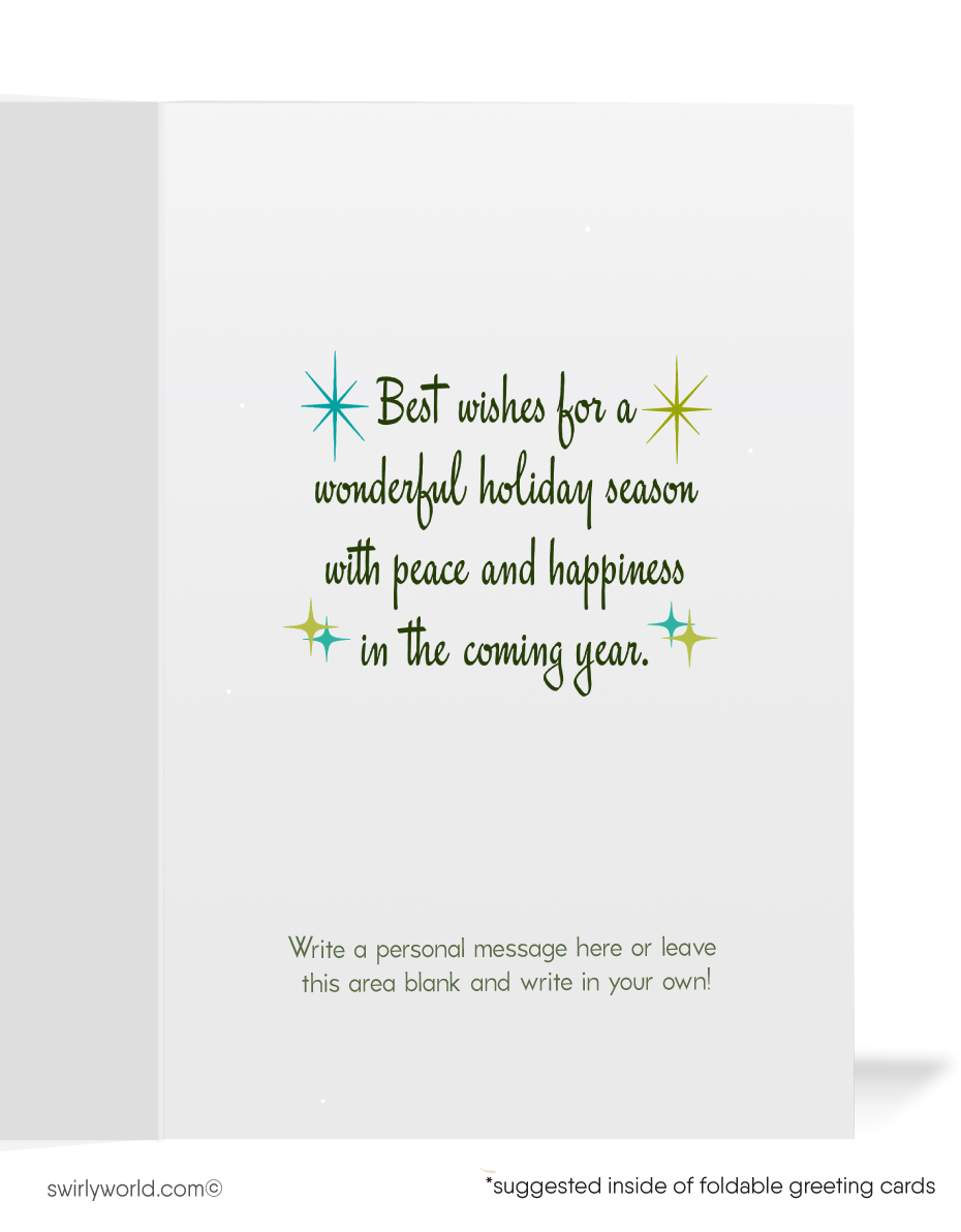 Swirly World: Vintage Christmas Card - Retro charm with Atomic Age 1960s Christmas trees and starbursts. Personalize for a nostalgic holiday greeting!