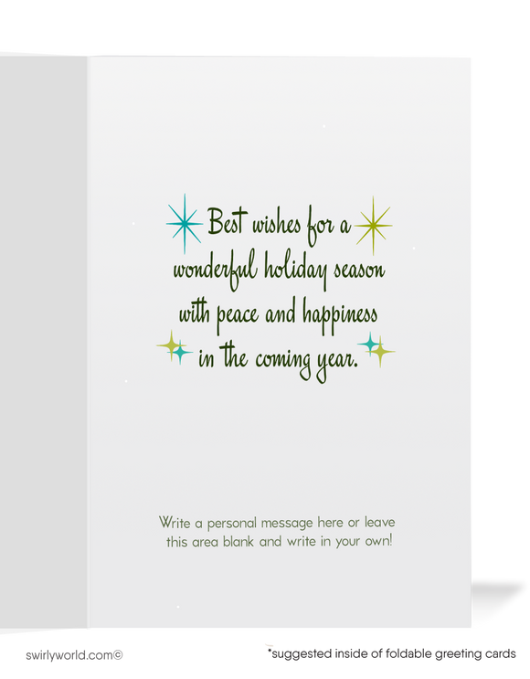 Swirly World: Vintage Christmas Card - Retro charm with Atomic Age 1960s Christmas trees and starbursts. Personalize for a nostalgic holiday greeting!