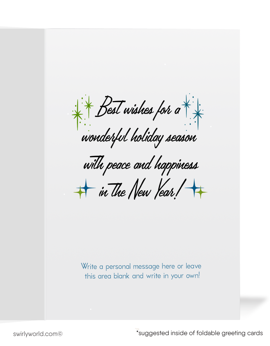 Celebrate the holidays with a vintage card featuring mid-century modern geometric Christmas trees, atomic starbursts, and retro ornaments on a deep blue backdrop.