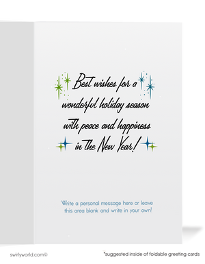 Vintage Mid-Century Modern Christmas Card – Geometric Trees with Atomic Starbursts & Retro Ornaments