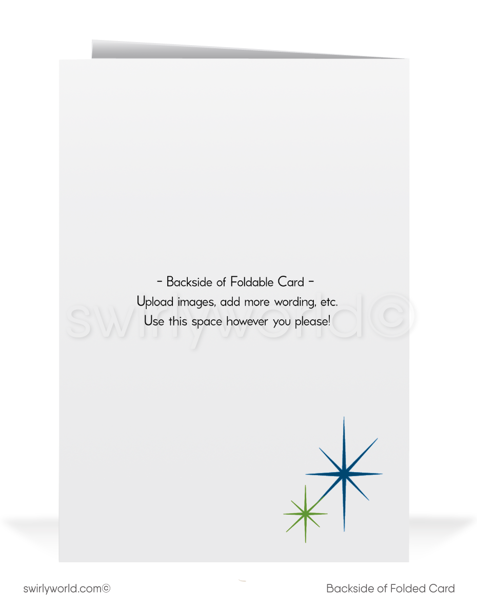 Vintage Mid-Century Modern Christmas Card – Geometric Trees with Atomic Starbursts & Retro Ornaments