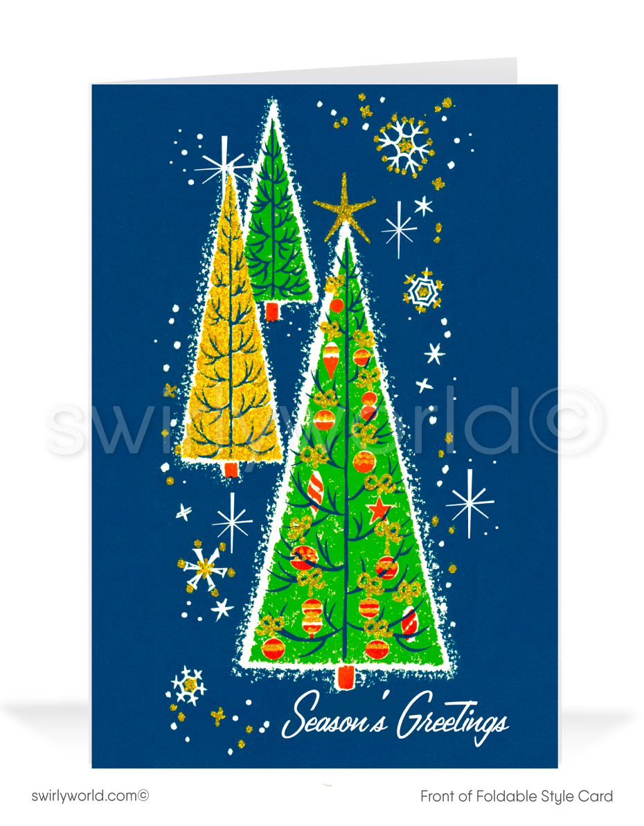 Celebrate the holidays with a vintage card featuring mid-century modern geometric Christmas trees, atomic starbursts, and retro ornaments on a deep blue backdrop.