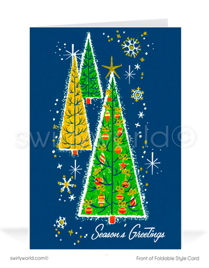Celebrate the holidays with a vintage card featuring mid-century modern geometric Christmas trees, atomic starbursts, and retro ornaments on a deep blue backdrop.