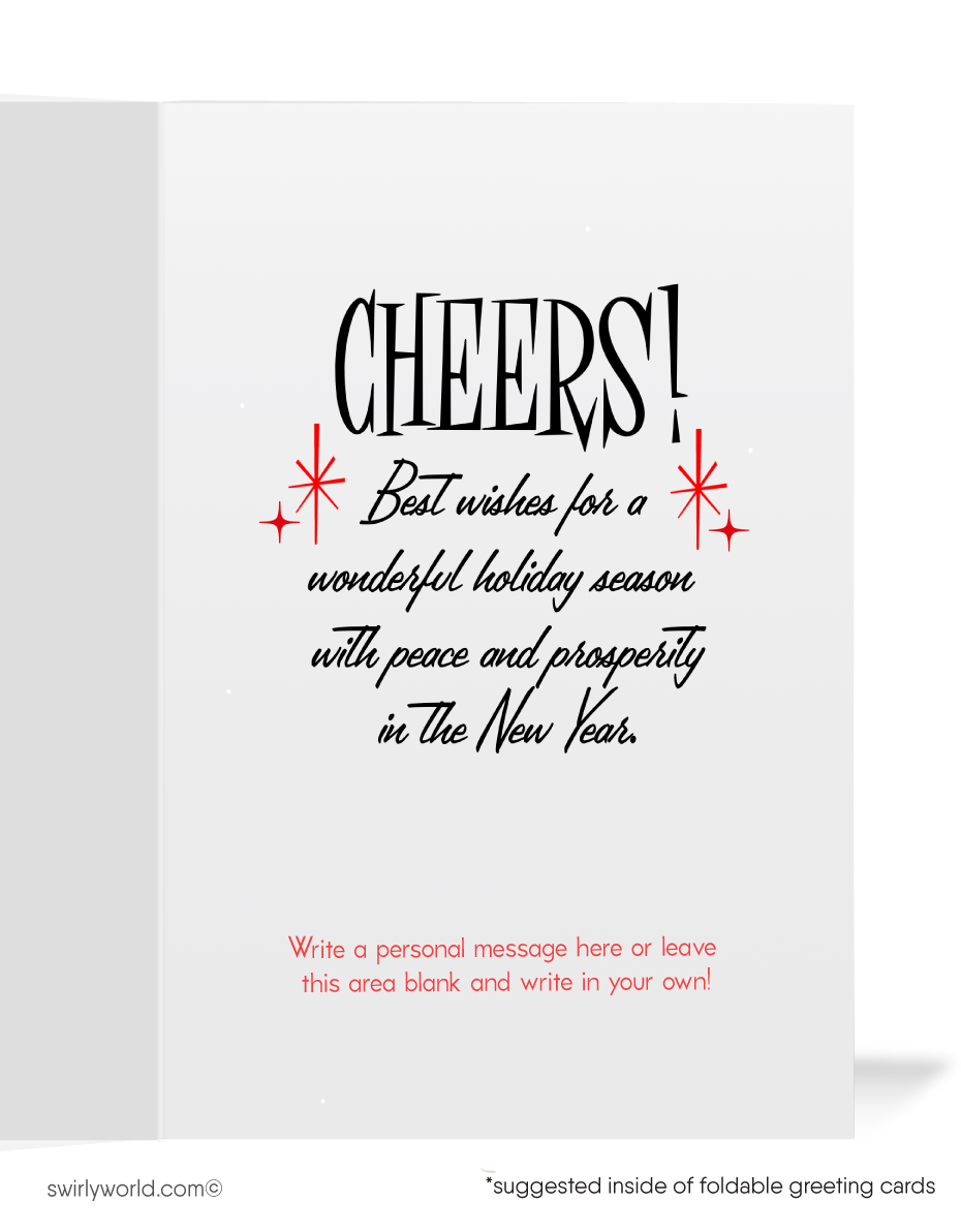 Celebrate the season with a vintage Christmas card featuring atomic-era liquor bottles, retro starbursts, and a bold red and black color scheme. Mid-century charm!