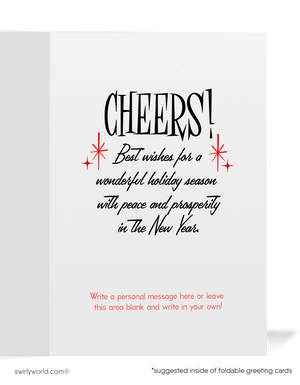Vintage Atomic Christmas Card – Mid-Century Liquor Bottles with Retro Starbursts, Red & Black Holiday Design