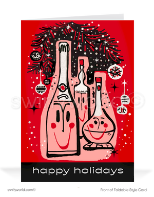 Celebrate the season with a vintage Christmas card featuring atomic-era liquor bottles, retro starbursts, and a bold red and black color scheme. Mid-century charm!