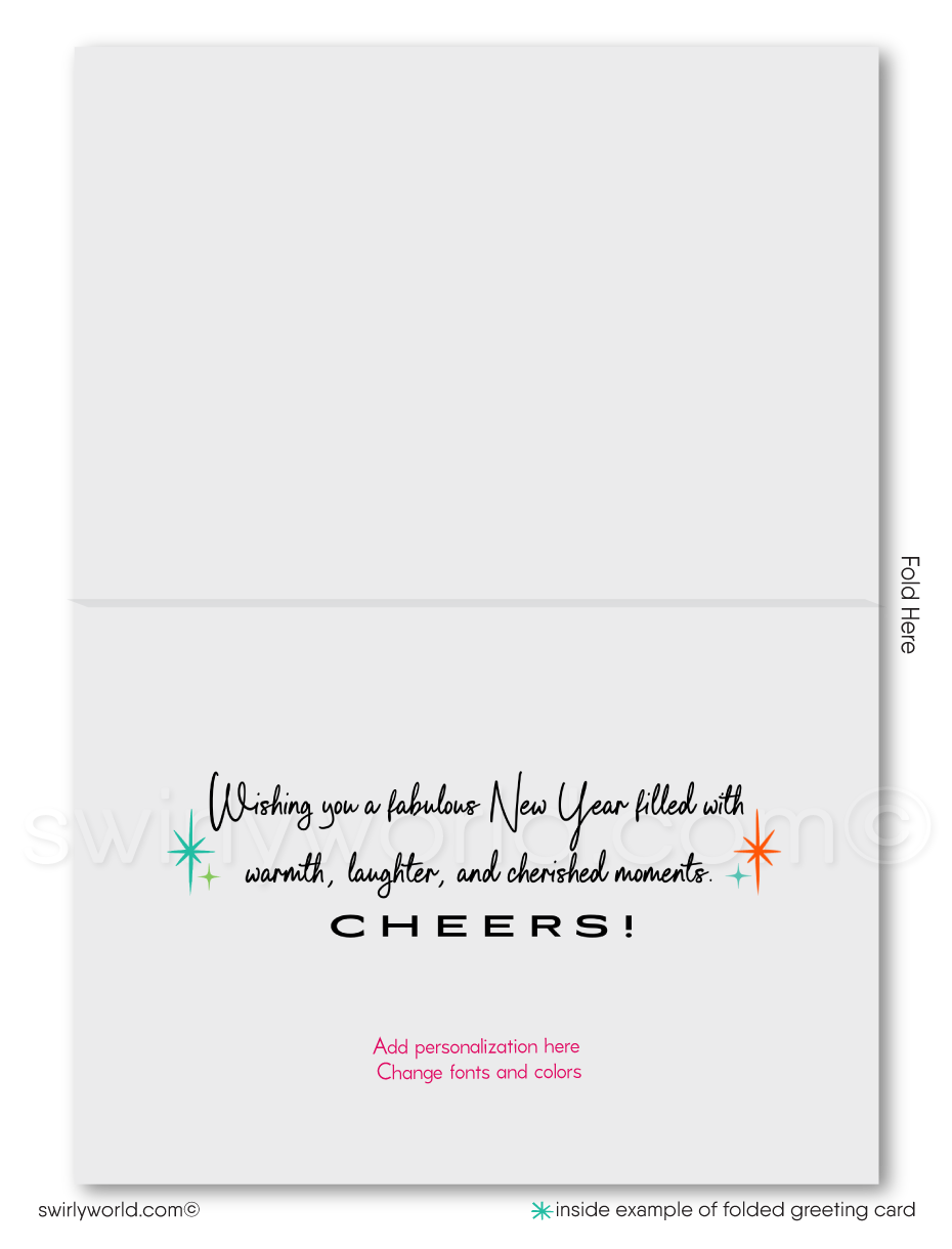 Ring in the New Year with retro charm! Realtor New Year Cards feature a festive mid-century modern home, vibrant colors, party silhouettes, and dazzling fireworks.