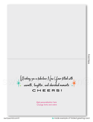 Realtor Retro Happy New Year Cards with Mid-Century Modern Home, Vibrant Colors, Fireworks, and Festive Party Silhouettes