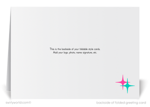 Realtor Retro Happy New Year Cards with Mid-Century Modern Home, Vibrant Colors, Fireworks, and Festive Party Silhouettes