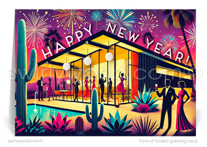 Ring in the New Year with retro charm! Realtor New Year Cards feature a festive mid-century modern home, vibrant colors, party silhouettes, and dazzling fireworks.