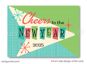 Retro Mid-Century Modern Happy New Year Card – Digital Download with Customizable MCM Boomerang Motif & Starbursts in Classic Atomic Colors