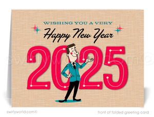 Celebrate 2025 with retro charm! This Mid-Century Modern New Year card features a dapper gentleman and bold red "2025" typography, perfect for atomic era fans.
