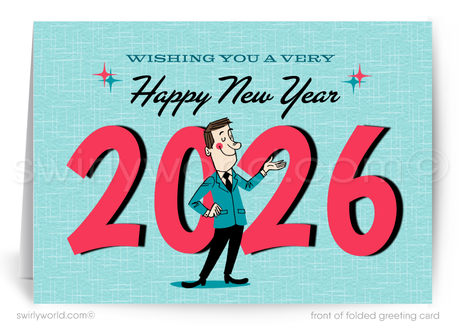 Happy New Year 2026 greeting card with a cartoon character on a blue background