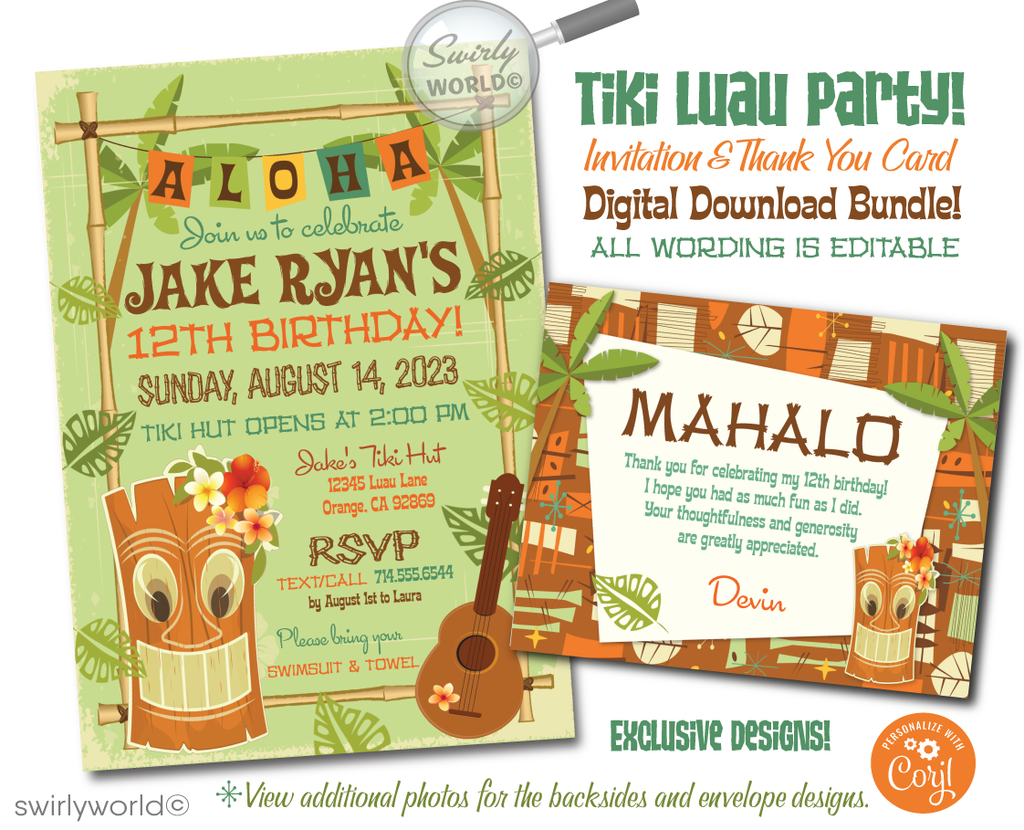 The invitation features a charming tiki statue adorned with Hawaiian flowers with a ukulele guitar, evoking the laid-back vibes of island life. Surrounding the central elements is a cute bamboo border accented with palm leaves, adding an extra touch of tropical flair. The backside features an iconic mid-century modern tiki pattern with retro starbursts.