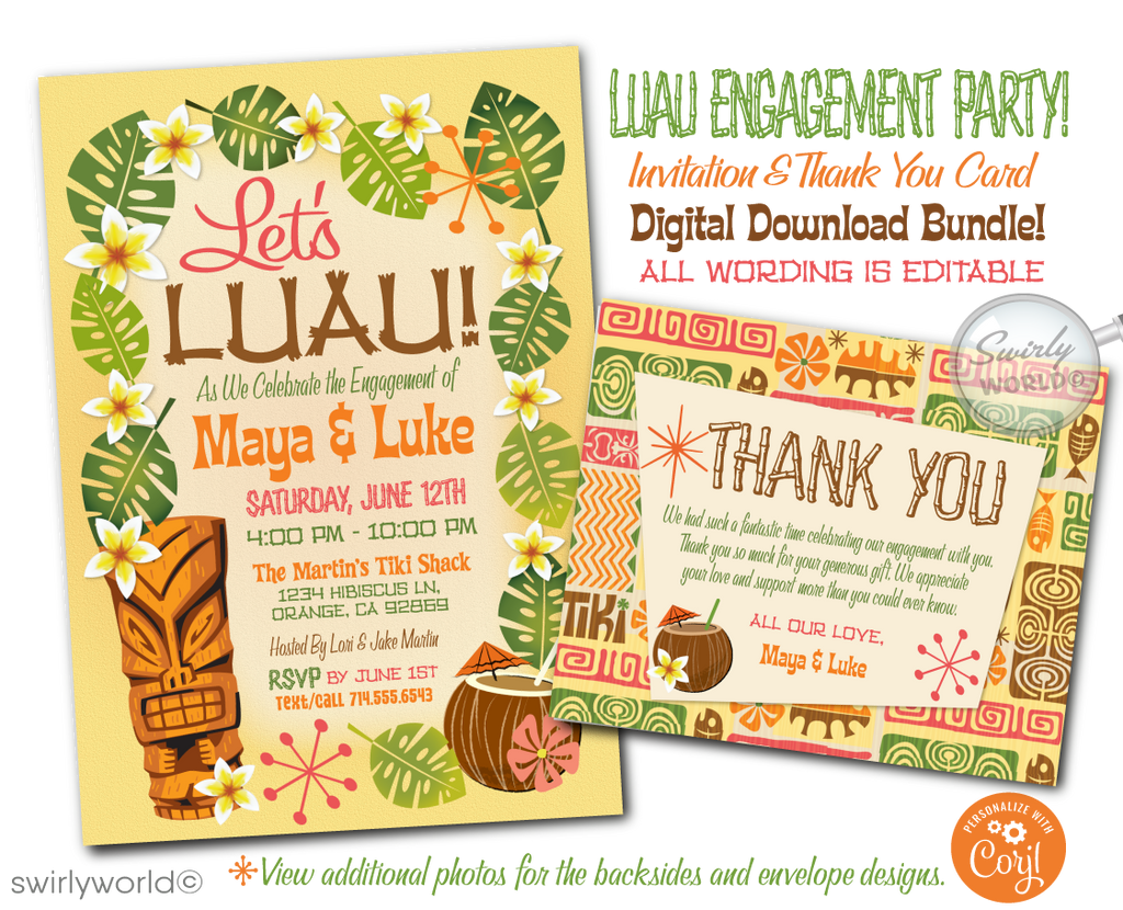 Vintage Mid-Century Retro Hawaiian Tiki Luau Engagement Party Invite Digital Download