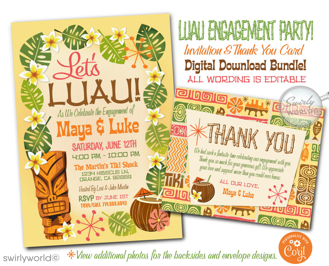 Vintage Mid-Century Retro Hawaiian Tiki Luau Engagement Party Invite Digital Download