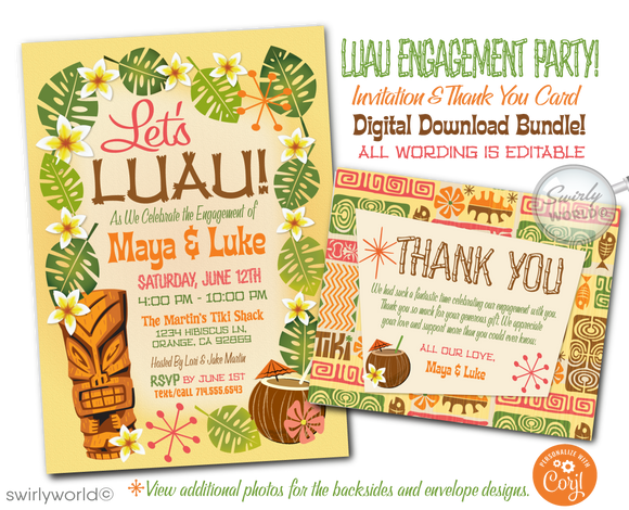 Retro 1960s mid-century modern Hawaiian tiki luau atomic engagement party invitations; digital invitation, thank you, & envelope design.