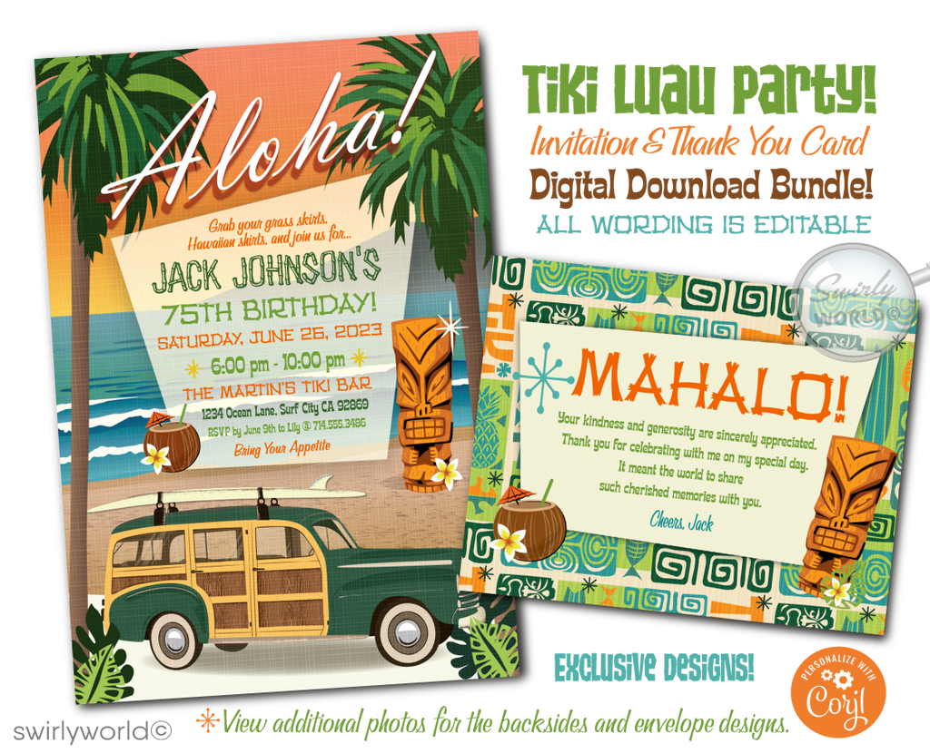 Get ready to ride the waves of nostalgia with our Retro Mid-Century Modern Hawaiian Tiki Luau Surf Party Invite Digital Download! This vintage-inspired surfer beach design is a true blast from the past, guaranteed to transport your guests to the carefree vibes of the 1960s.