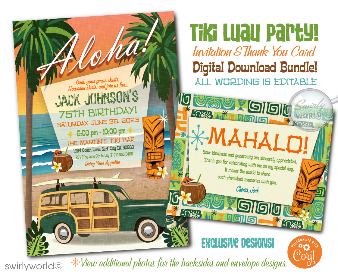 Get ready to ride the waves of nostalgia with our Retro Mid-Century Modern Hawaiian Tiki Luau Surf Party Invite Digital Download! This vintage-inspired surfer beach design is a true blast from the past, guaranteed to transport your guests to the carefree vibes of the 1960s.