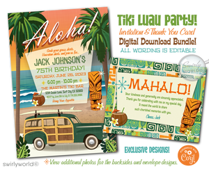 Get ready to ride the waves of nostalgia with our Retro Mid-Century Modern Hawaiian Tiki Luau Surf Party Invite Digital Download! This vintage-inspired surfer beach design is a true blast from the past, guaranteed to transport your guests to the carefree vibes of the 1960s.