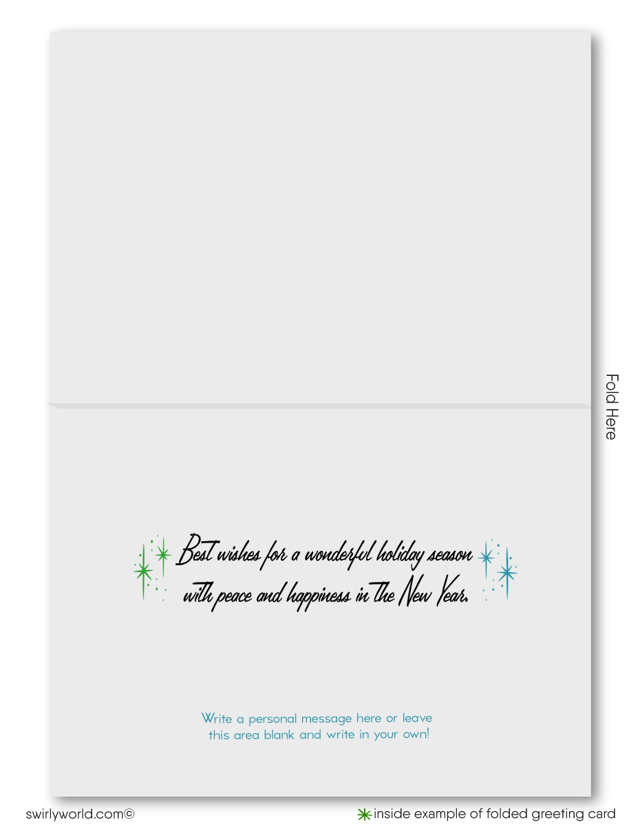 Season's Greetings card with a covered bridge and two people walking, featuring a snowy landscape.