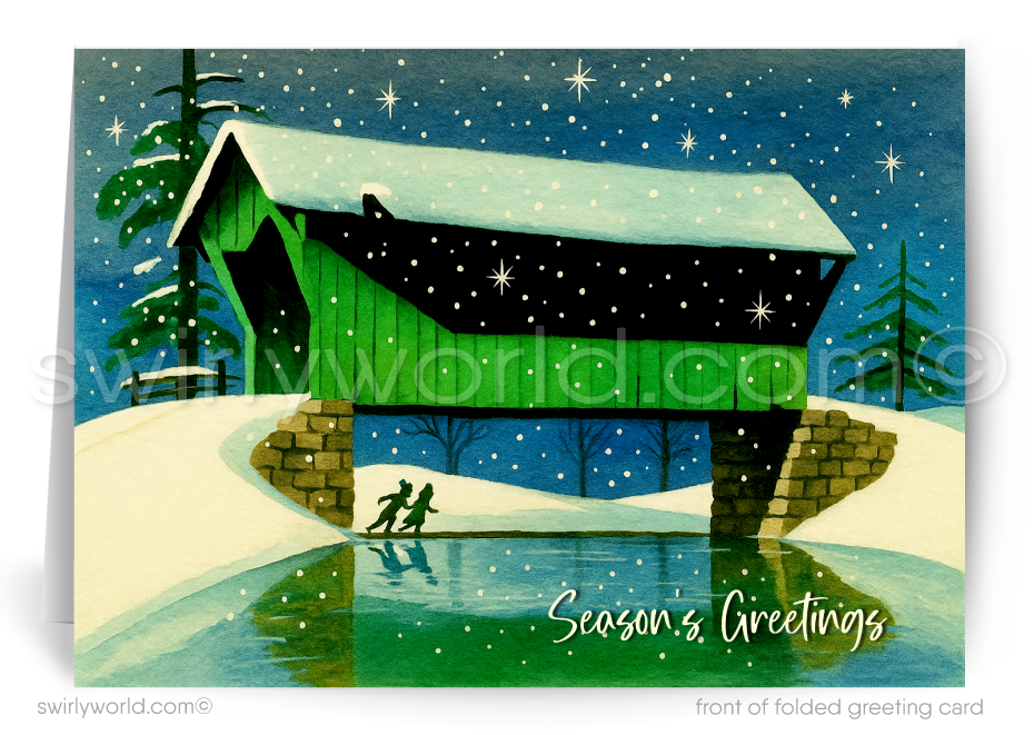 Season's Greetings card with a covered bridge and two people walking, featuring a snowy landscape.