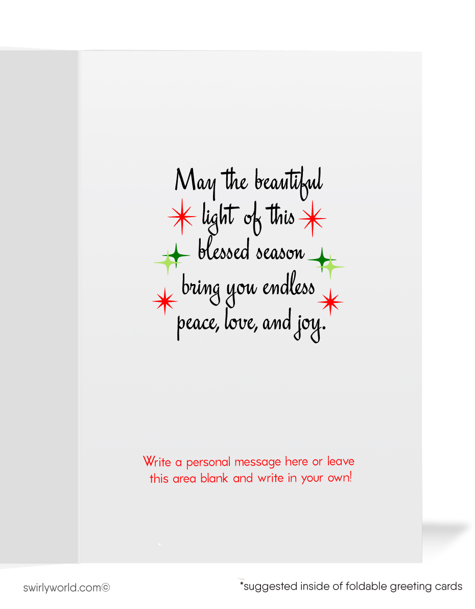 Vintage holiday cards featuring a kitschy angel with a glowing candle, retro starbursts, and nostalgic "Merry Christmas" typography. Add a custom message for charm.