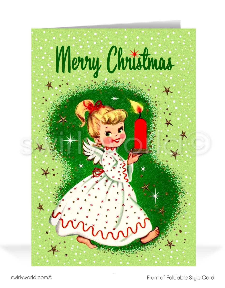 Vintage holiday cards featuring a kitschy angel with a glowing candle, retro starbursts, and nostalgic "Merry Christmas" typography. Add a custom message for charm.