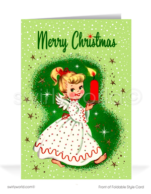 Vintage holiday cards featuring a kitschy angel with a glowing candle, retro starbursts, and nostalgic "Merry Christmas" typography. Add a custom message for charm.