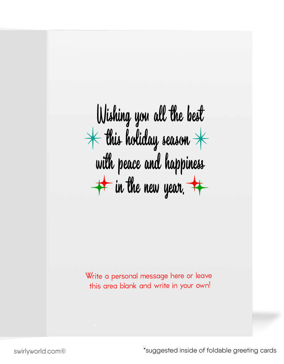 Vintage holiday cards with a kitschy snowman holding a lantern, retro starbursts, and "Happy Holidays" in nostalgic typography. Personalize for a unique holiday greeting.