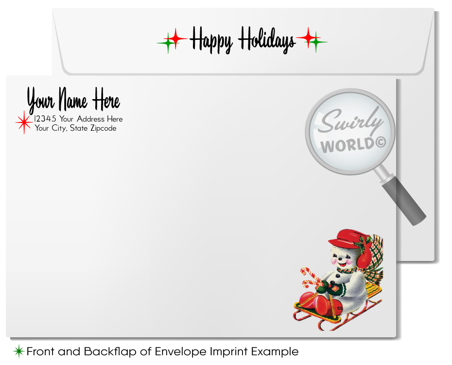 Vintage 1950s Mid-Century Holiday Cards with Kitschy Snowman, Lantern & Retro Starbursts
