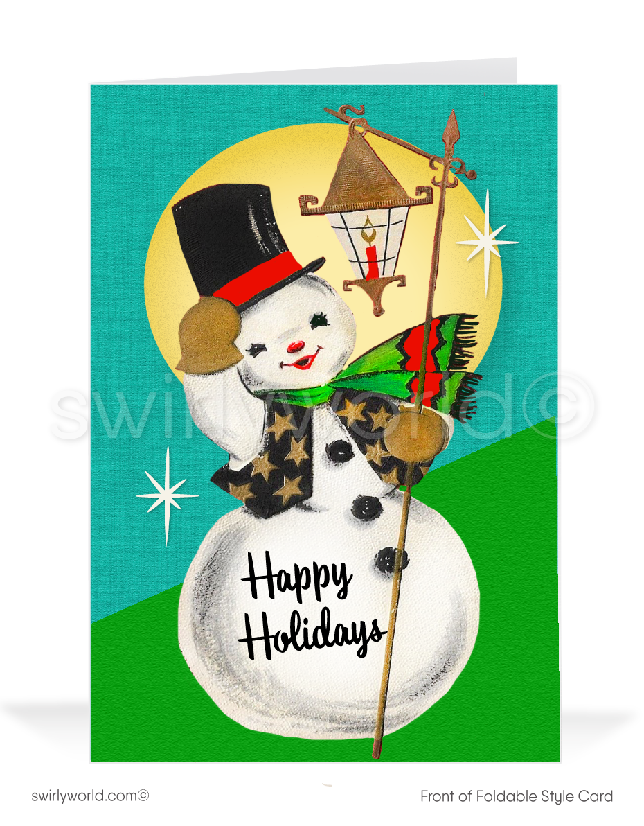 Vintage holiday cards with a kitschy snowman holding a lantern, retro starbursts, and "Happy Holidays" in nostalgic typography. Personalize for a unique holiday greeting.