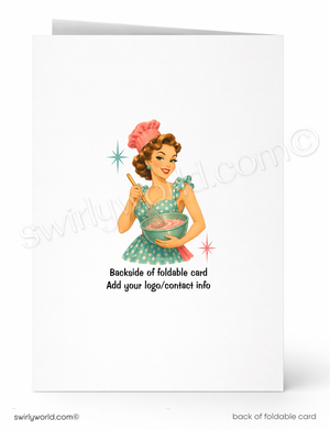 A foldable greeting card shown front and back on a white background. The front features a retro-style illustration of a woman in a pink hat and green polka-dot dress holding a bowl, with the text 'Backside of foldable card Add your logo/contact info' below.