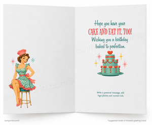 An open greeting card with a retro birthday message. The left page shows a retro-style illustration of a woman in a green patterned dress sitting on a stool, and the right page has the text 'Hope you have your CAKE AND EAT IT, TOO! Wishing you a birthday baked to perfection.