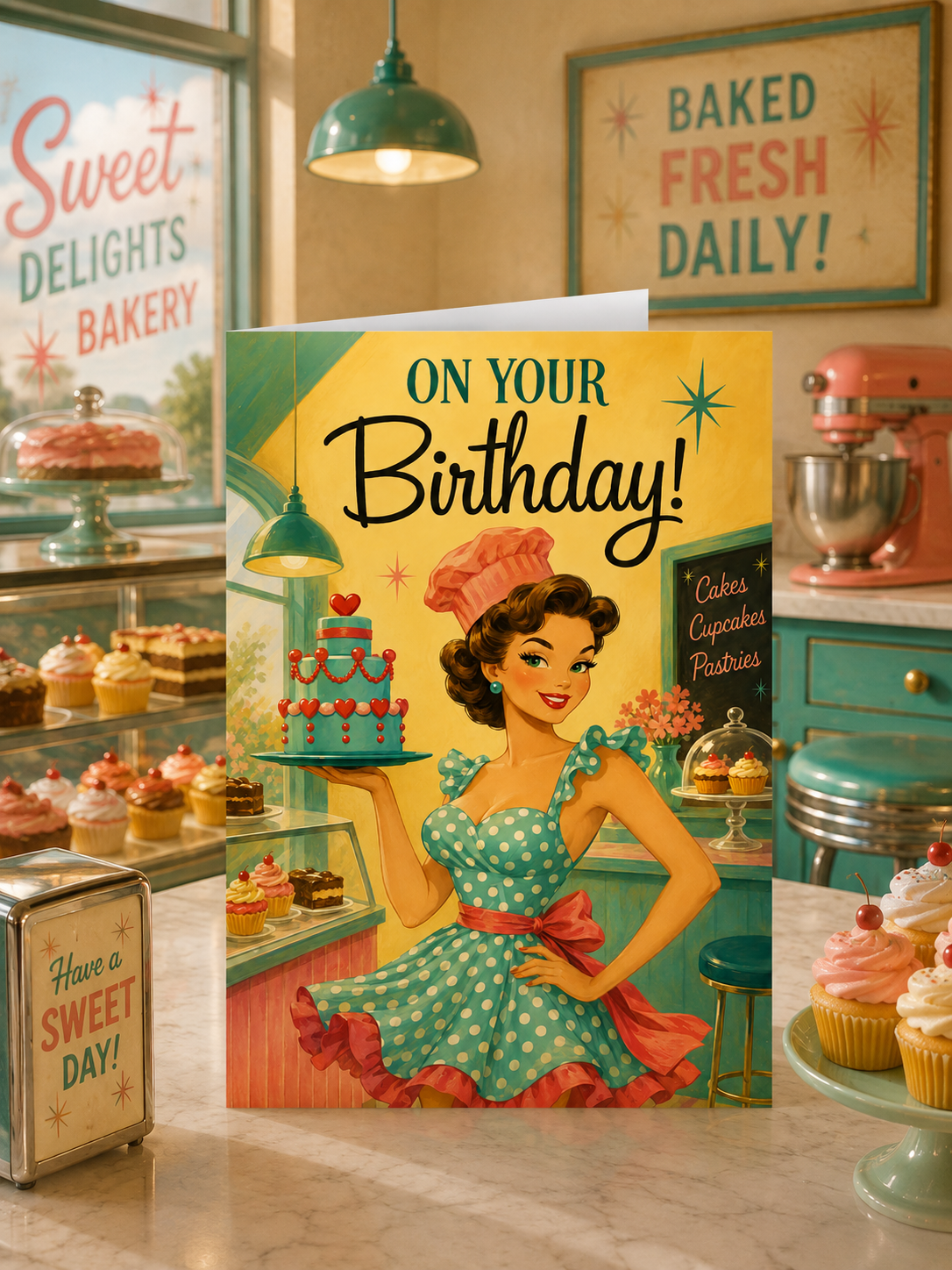 A retro-style birthday greeting card shown front-facing on a white background. The card features an illustrated woman in a polka-dot dress holding a tiered cake in a bakery, with the text 'ON YOUR Birthday!' at the top.