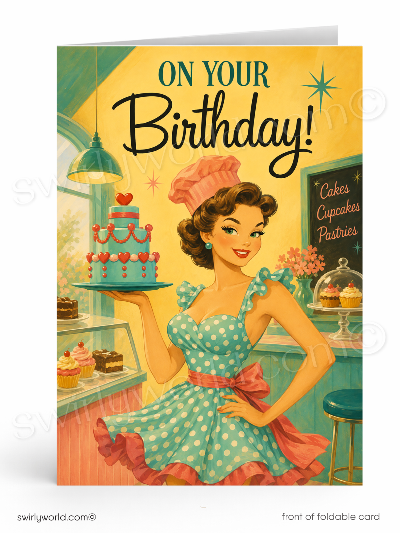 A retro-style birthday greeting card shown front-facing on a white background. The card features an illustrated woman in a polka-dot dress holding a tiered cake in a bakery, with the text 'ON YOUR Birthday!' at the top.
