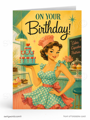 A retro-style birthday greeting card shown front-facing on a white background. The card features an illustrated woman in a polka-dot dress holding a tiered cake in a bakery, with the text 'ON YOUR Birthday!' at the top.