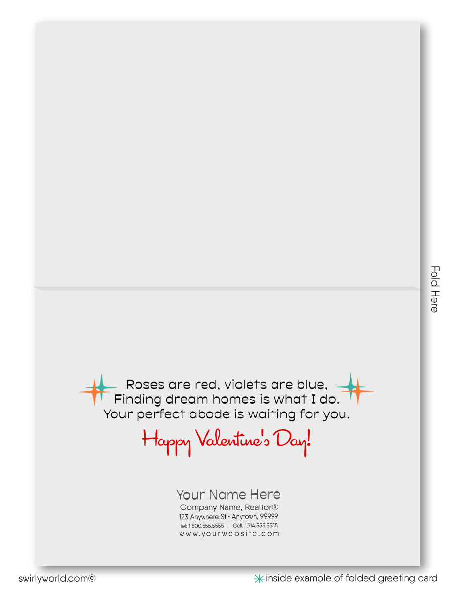 Mid-Century Modern Valentine’s Day Cards for Realtors with Vibrant Landscape, Whimsical Hearts