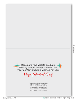 Mid-Century Modern Valentine’s Day Cards for Realtors with Vibrant Landscape, Whimsical Hearts