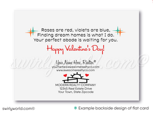 Mid-Century Modern Valentine’s Day Cards for Realtors with Vibrant Landscape, Whimsical Hearts