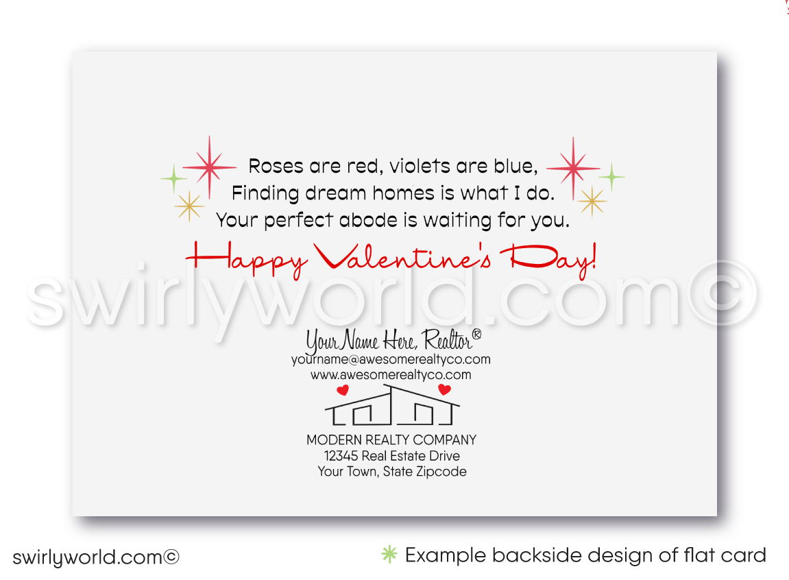 Mid-Century Modern Valentine’s Day Cards for Realtors with Vibrant Desert Scene, Whimsical Hearts